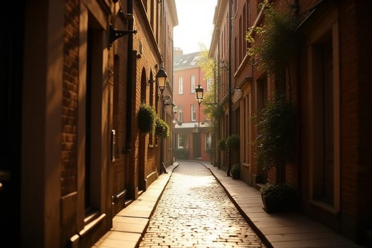 A quiet cobblestone alley in London with vintage lanterns