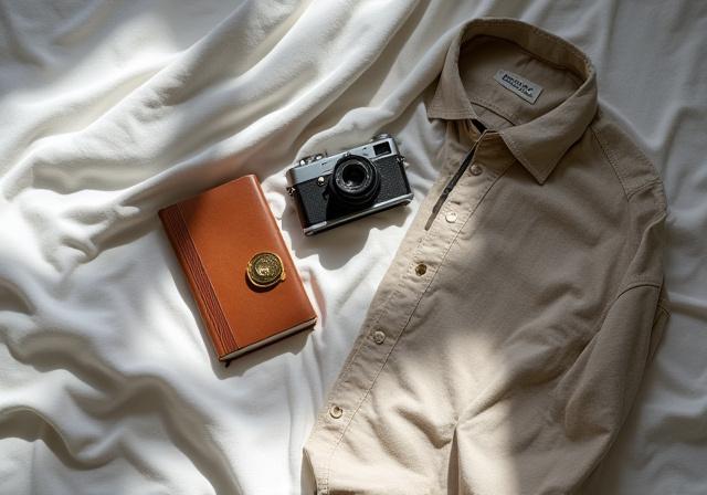 Neatly folded clothes, a vintage camera, and a leather-bound journal on a bed