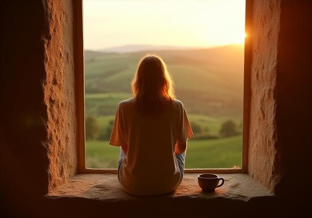 A person resting by a window looking out at the Tuscany countryside