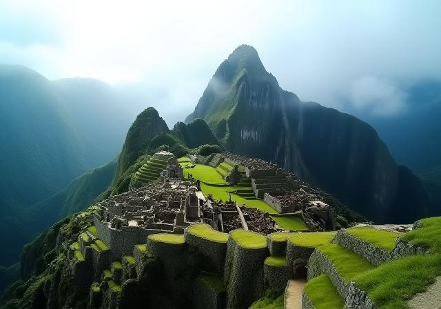 The mist-covered ruins of Machu Picchu