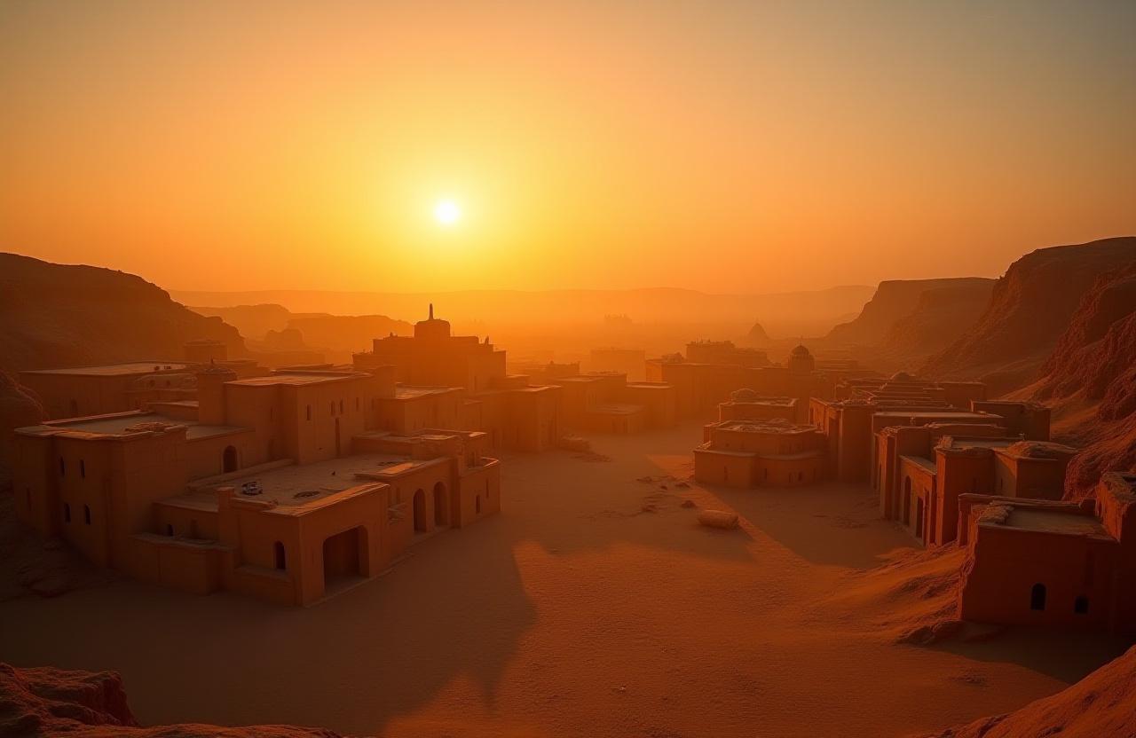 Panoramic view of an ancient silk road city at dusk
