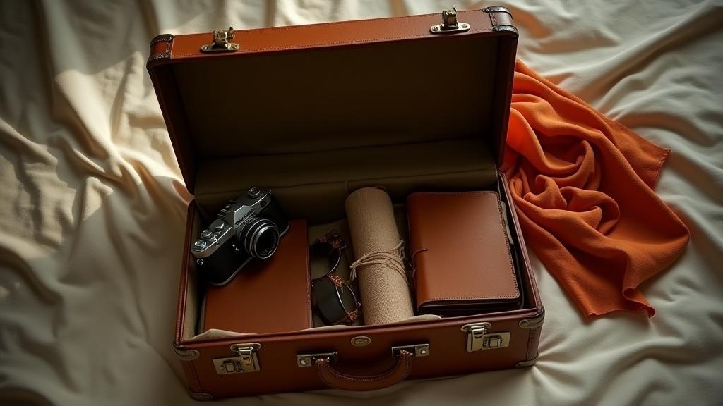 Artfully packed vintage suitcase with a camera and notebook