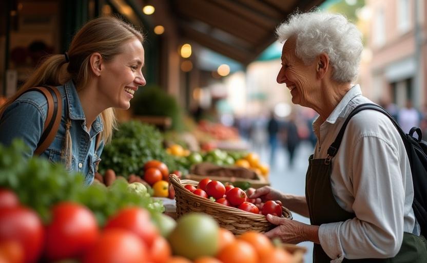 A vibrant local market where a traveler interacts with a vendor